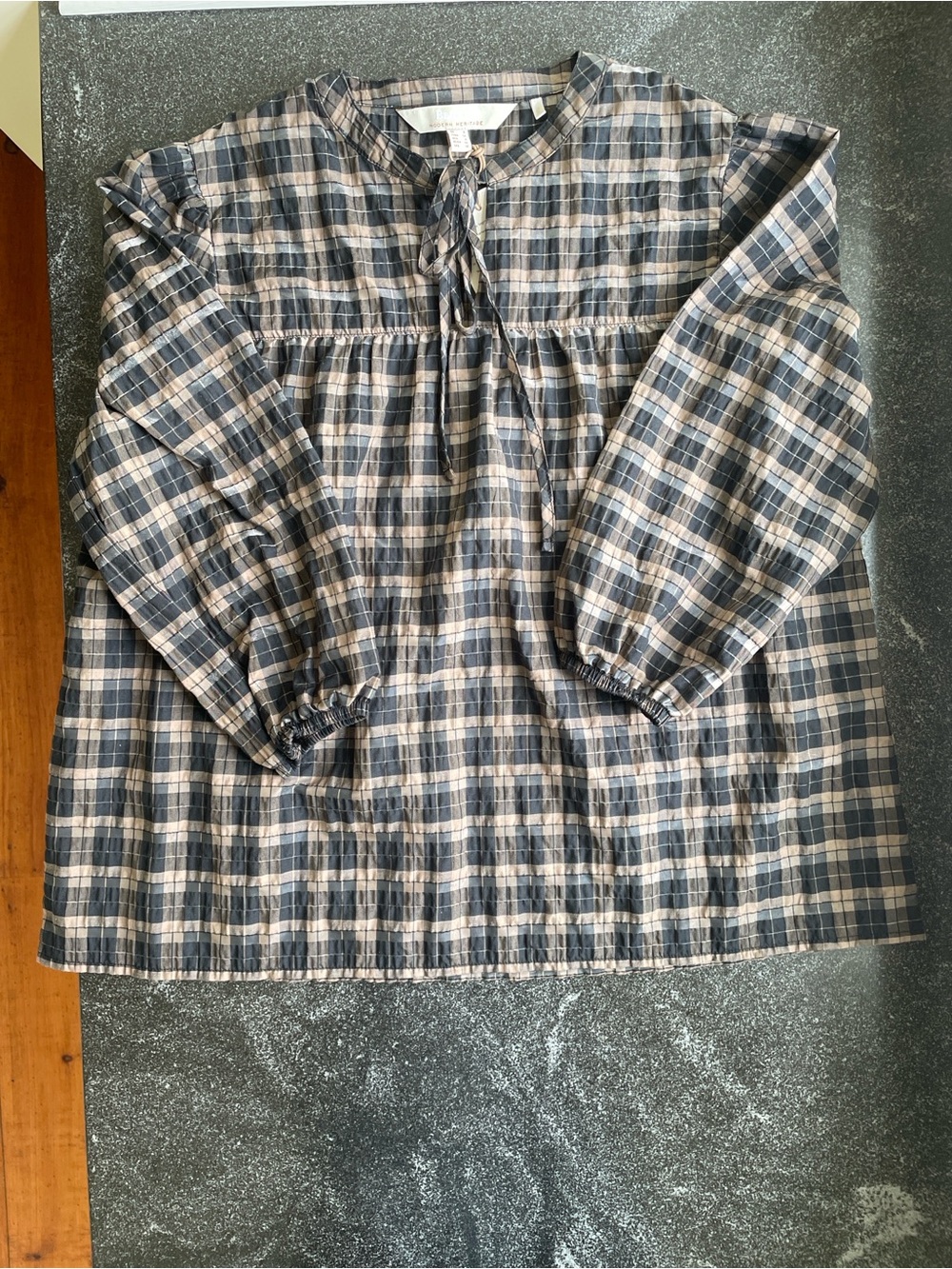 NWT Barbour Lorelie Size Women’s US4/UK8 Plaid Peasant Blouse Mocha Cream Black